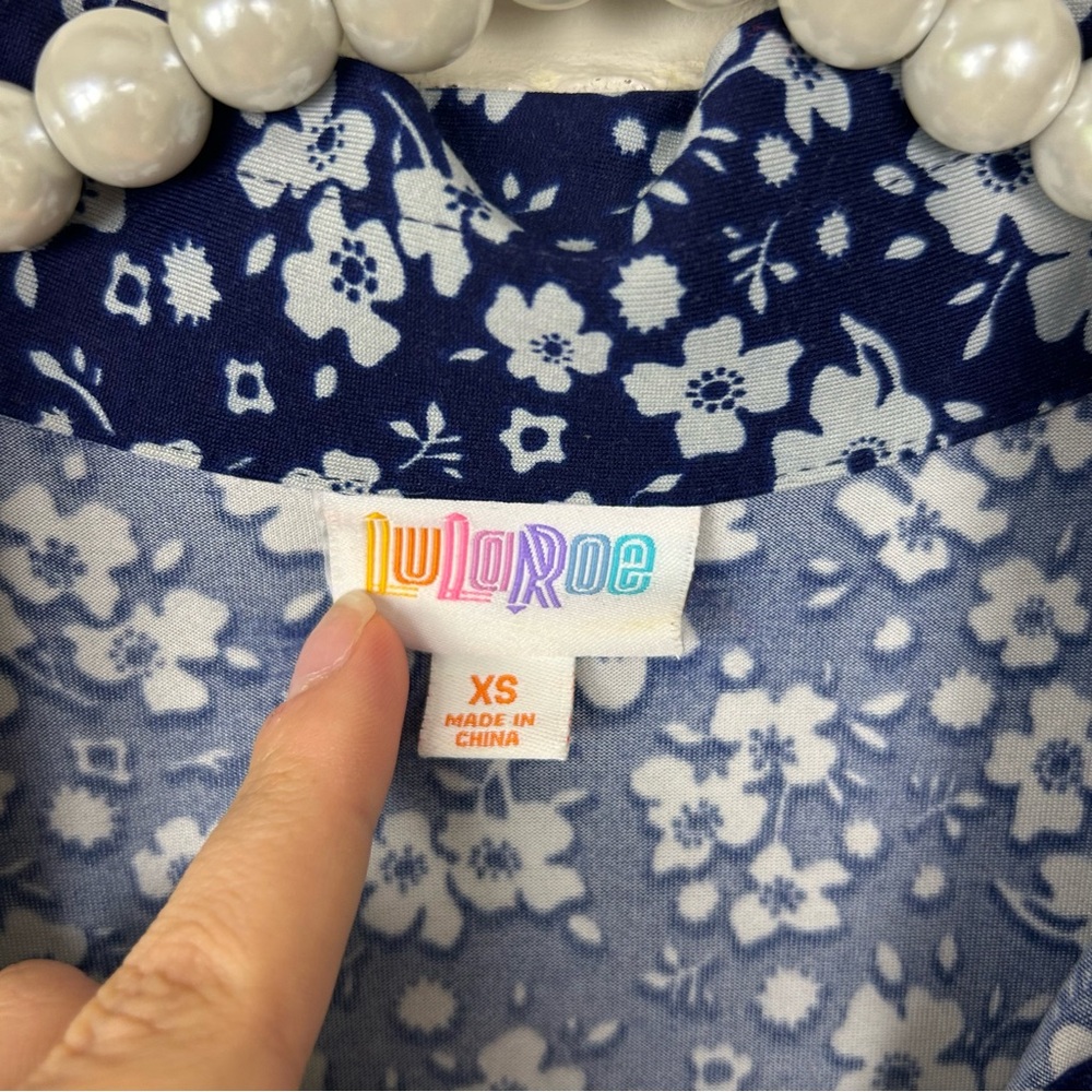 Lularoe Blue White Floral Stretch Button Front Long Sleeve Shirt Dress Size XS - Picture 6 of 10